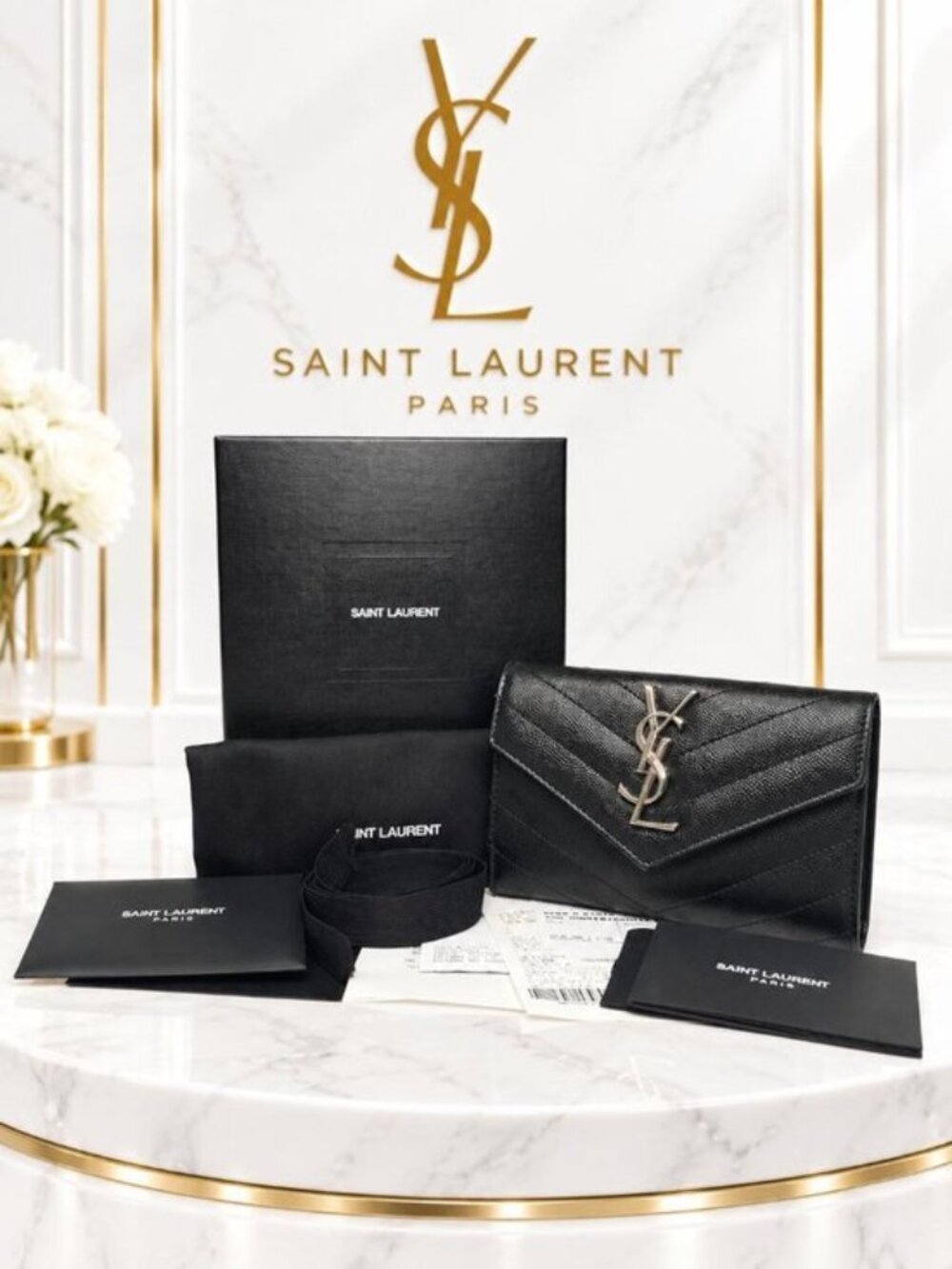 Saint Laurent YSL Black Leather Envelope Wallet Silver Cassandre Logo